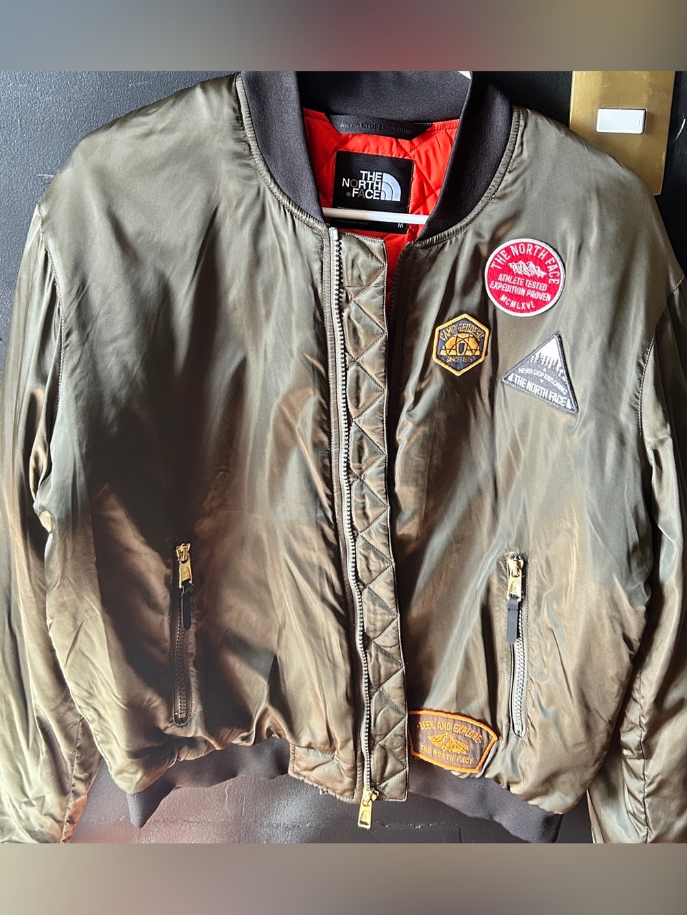 THE NORTH FACE, BOMBER JACKET, MA-1 STYLE, GREEN OLIVE, QUILTED INTERIOR, ZIP UP